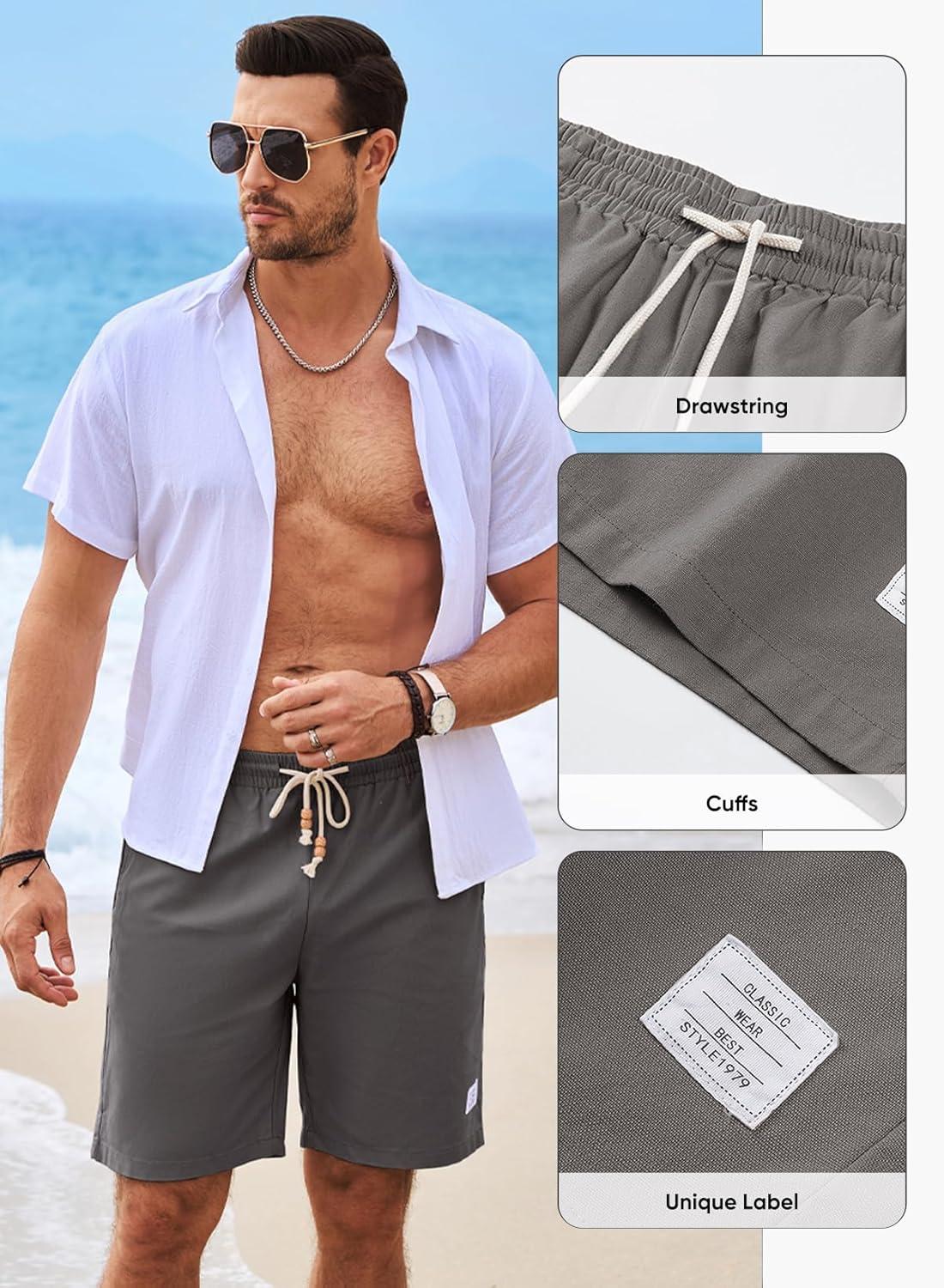 imageJMIERR Mens Shorts Linen Cotton 7quot Casual Elastic Waist Drawstring Lightweight Summer Beach Shorts with PocketsGrey