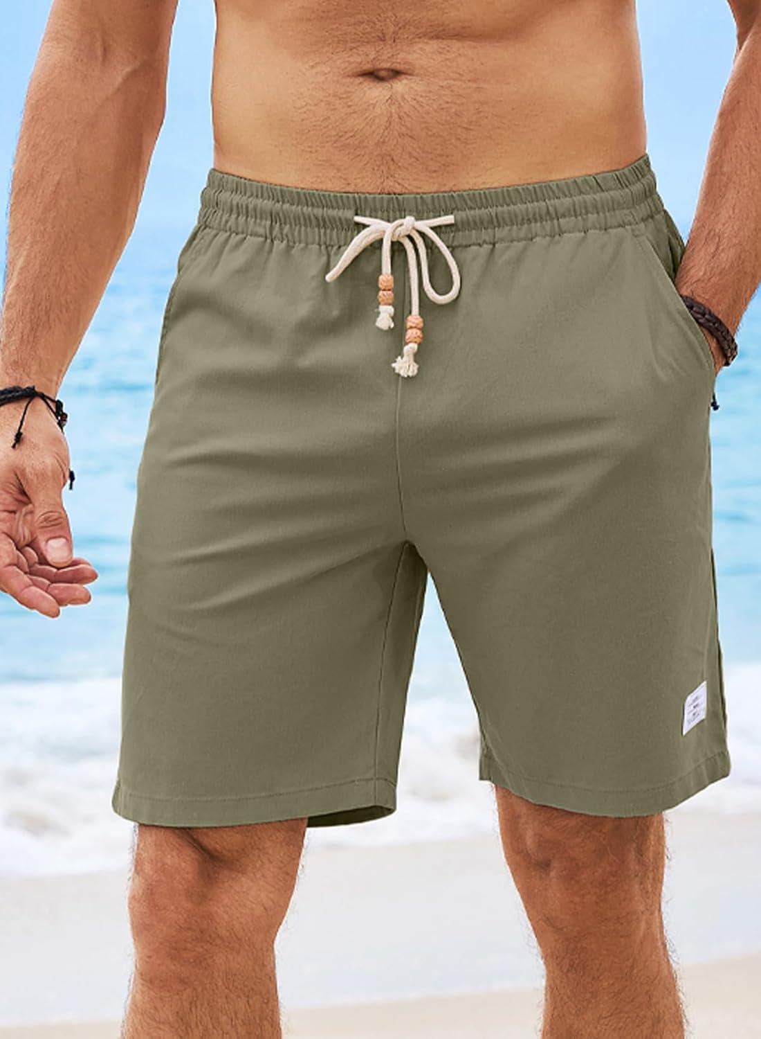 imageJMIERR Mens Shorts Linen Cotton 7quot Casual Elastic Waist Drawstring Lightweight Summer Beach Shorts with PocketsLaurel Green
