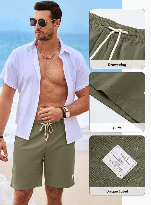 imageJMIERR Mens Shorts Linen Cotton 7quot Casual Elastic Waist Drawstring Lightweight Summer Beach Shorts with PocketsLaurel Green