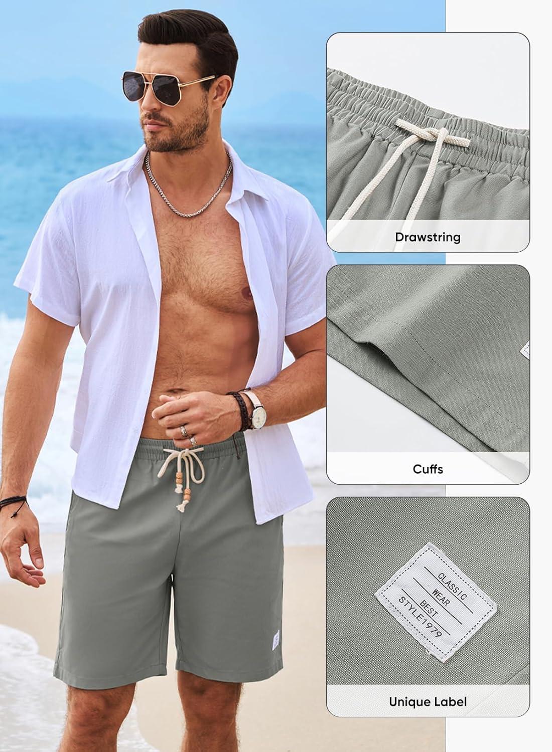 imageJMIERR Mens Shorts Linen Cotton 7quot Casual Elastic Waist Drawstring Lightweight Summer Beach Shorts with PocketsLight Grey Medium