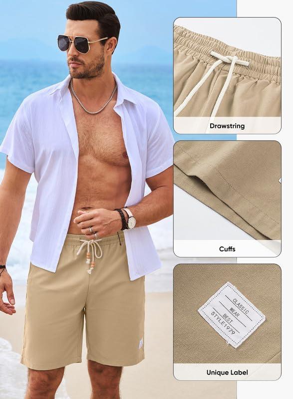 imageJMIERR Mens Shorts Linen Cotton 7quot Casual Elastic Waist Drawstring Lightweight Summer Beach Shorts with PocketsParchment