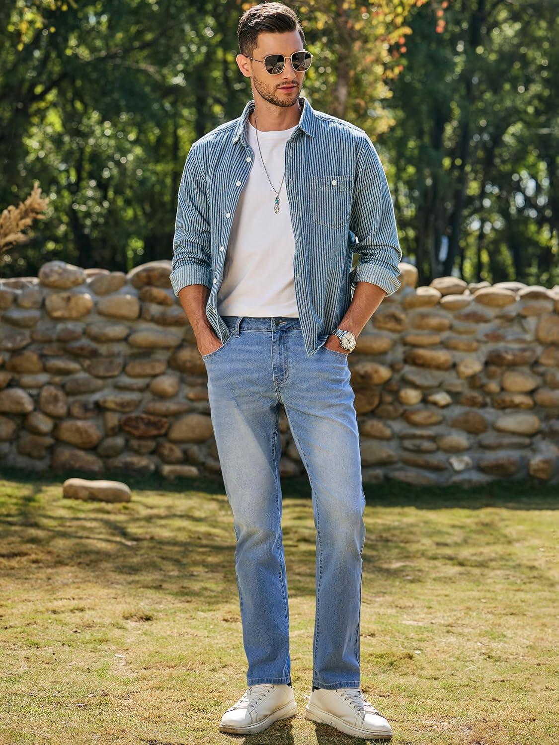 imageJMIERR Mens Stretch Jeans Regular Fit Straight Leg Casual Denim PantsBeau Blue