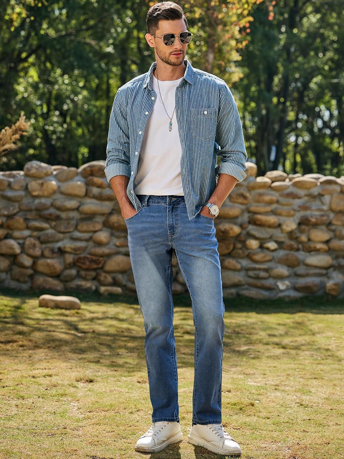 imageJMIERR Mens Stretch Jeans Regular Fit Straight Leg Casual Denim PantsBlue