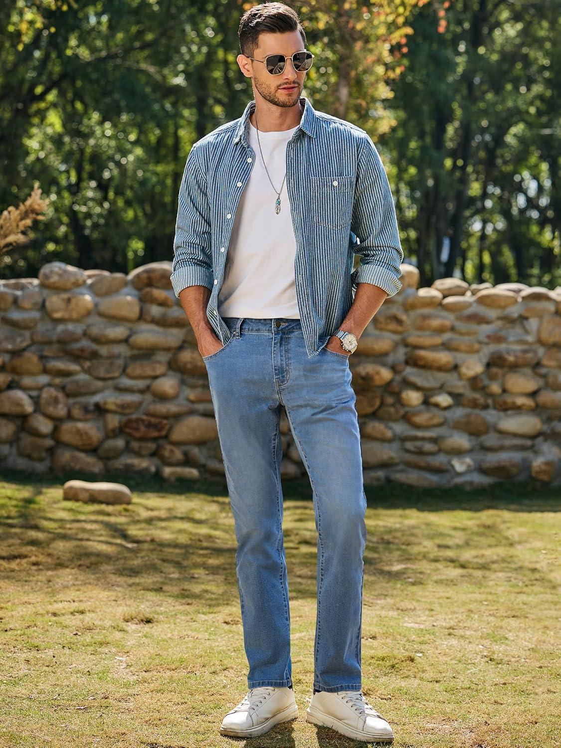 imageJMIERR Mens Stretch Jeans Regular Fit Straight Leg Casual Denim PantsSky Blue