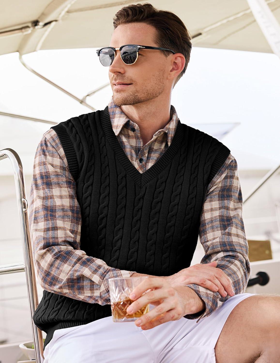 imageJMIERR Mens Sweater Vests Causal Sleeveless Cable Striped Knit V Neck PulloverBlack