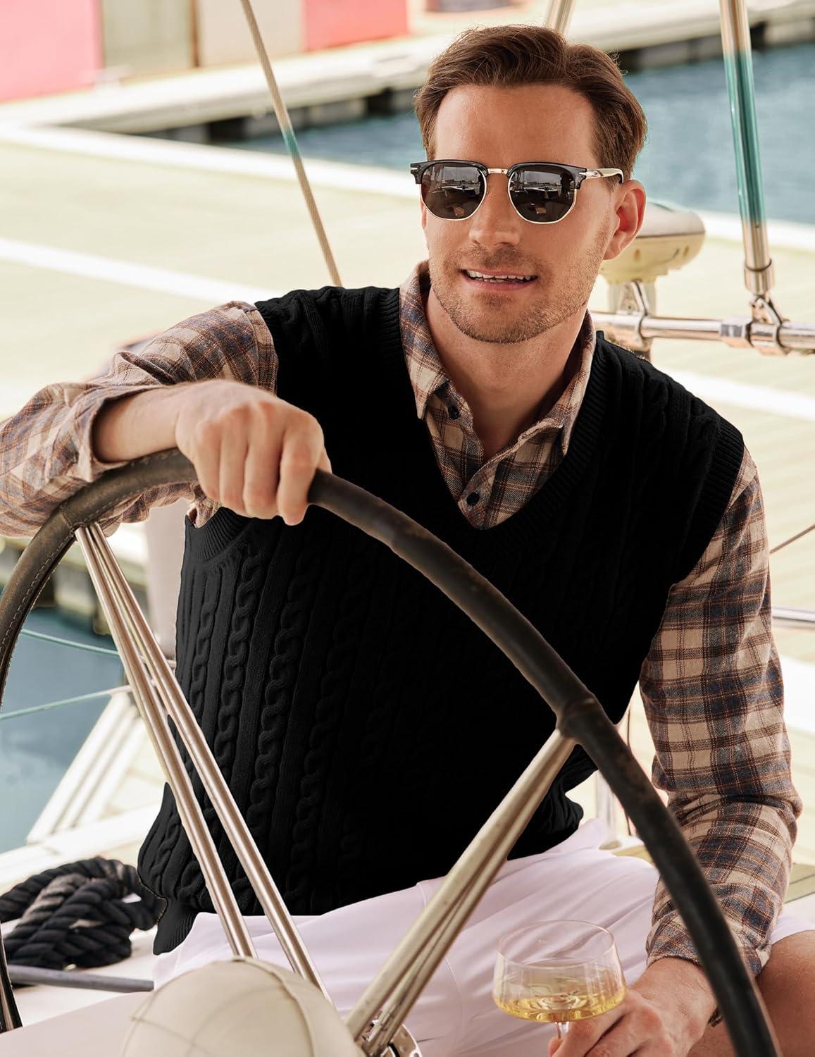 imageJMIERR Mens Sweater Vests Causal Sleeveless Cable Striped Knit V Neck PulloverBlack