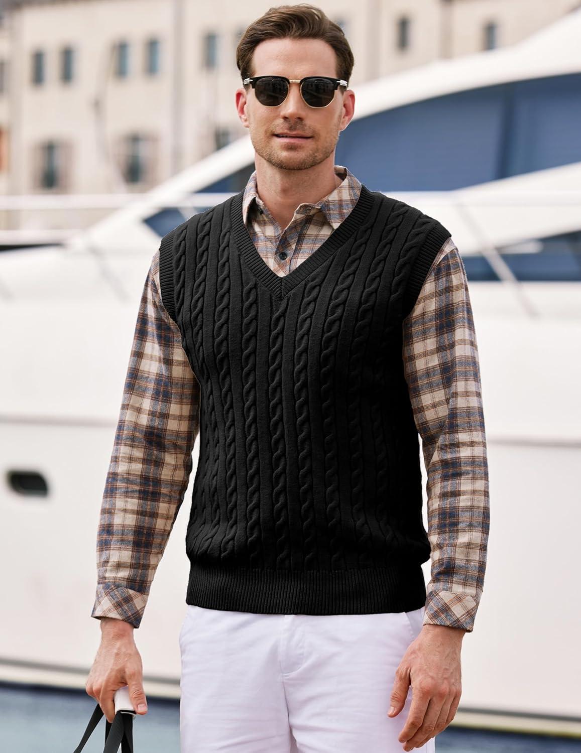 imageJMIERR Mens Sweater Vests Causal Sleeveless Cable Striped Knit V Neck PulloverBlack