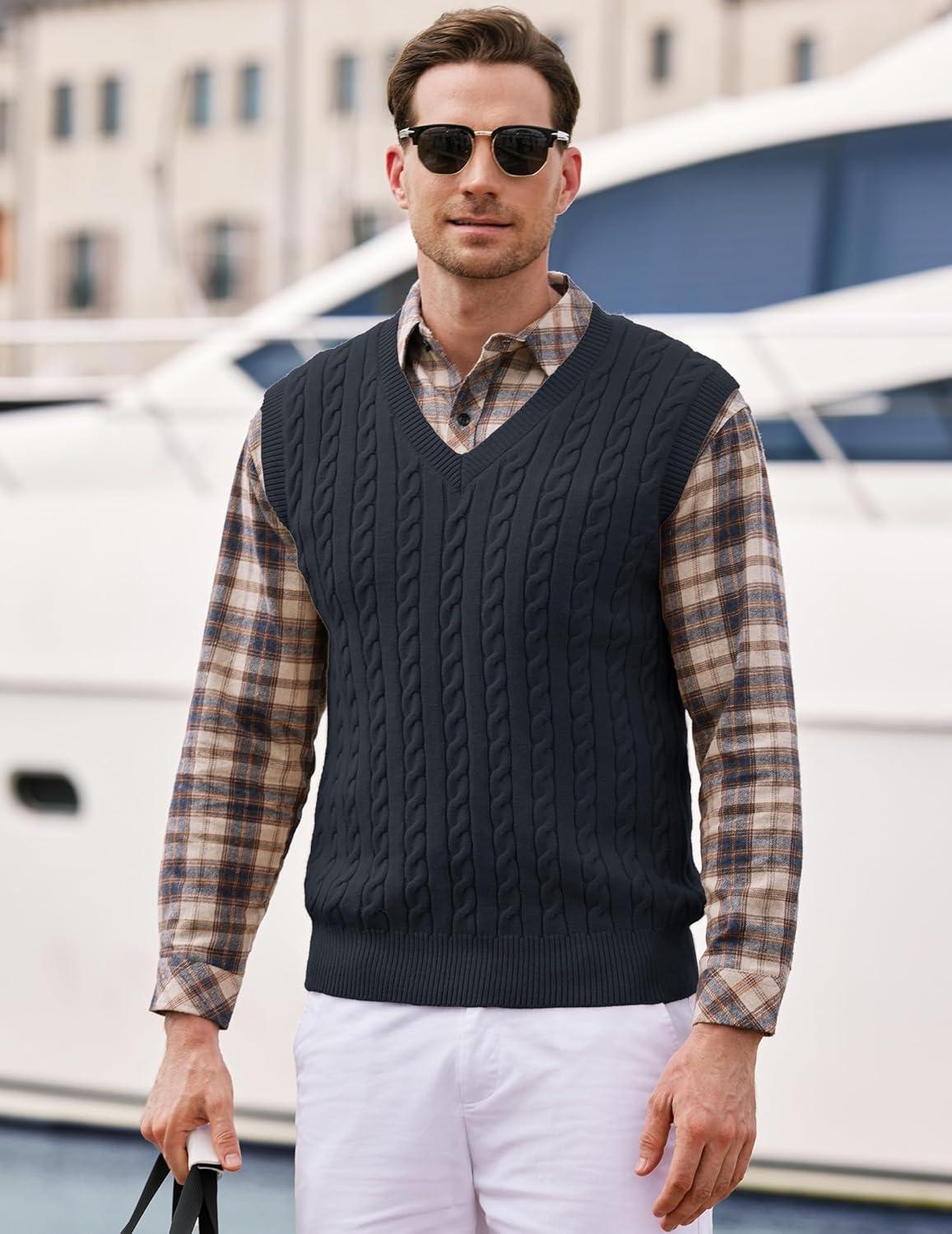 imageJMIERR Mens Sweater Vests Causal Sleeveless Cable Striped Knit V Neck PulloverDark Grey