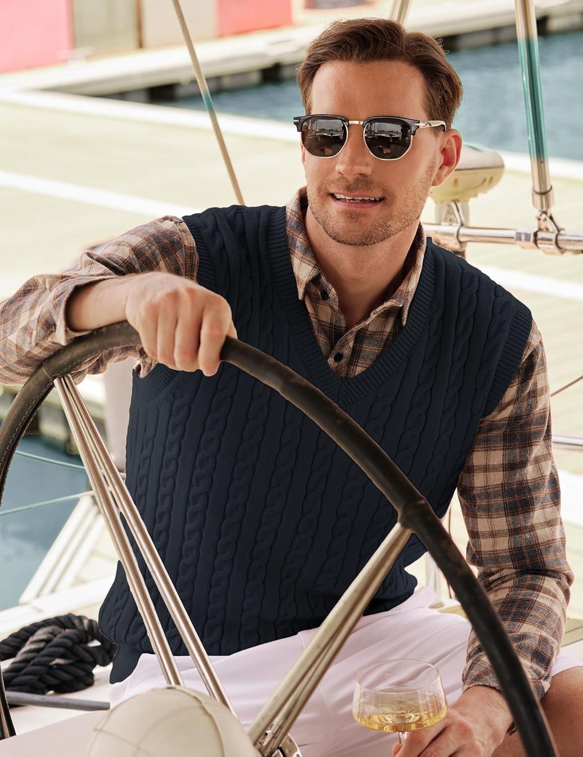 imageJMIERR Mens Sweater Vests Causal Sleeveless Cable Striped Knit V Neck PulloverDark Grey