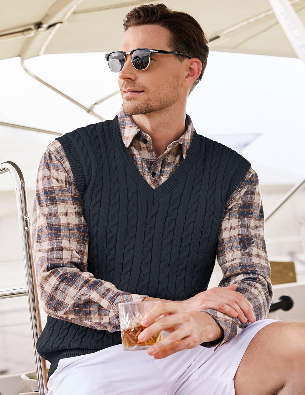 imageJMIERR Mens Sweater Vests Causal Sleeveless Cable Striped Knit V Neck PulloverDark Grey