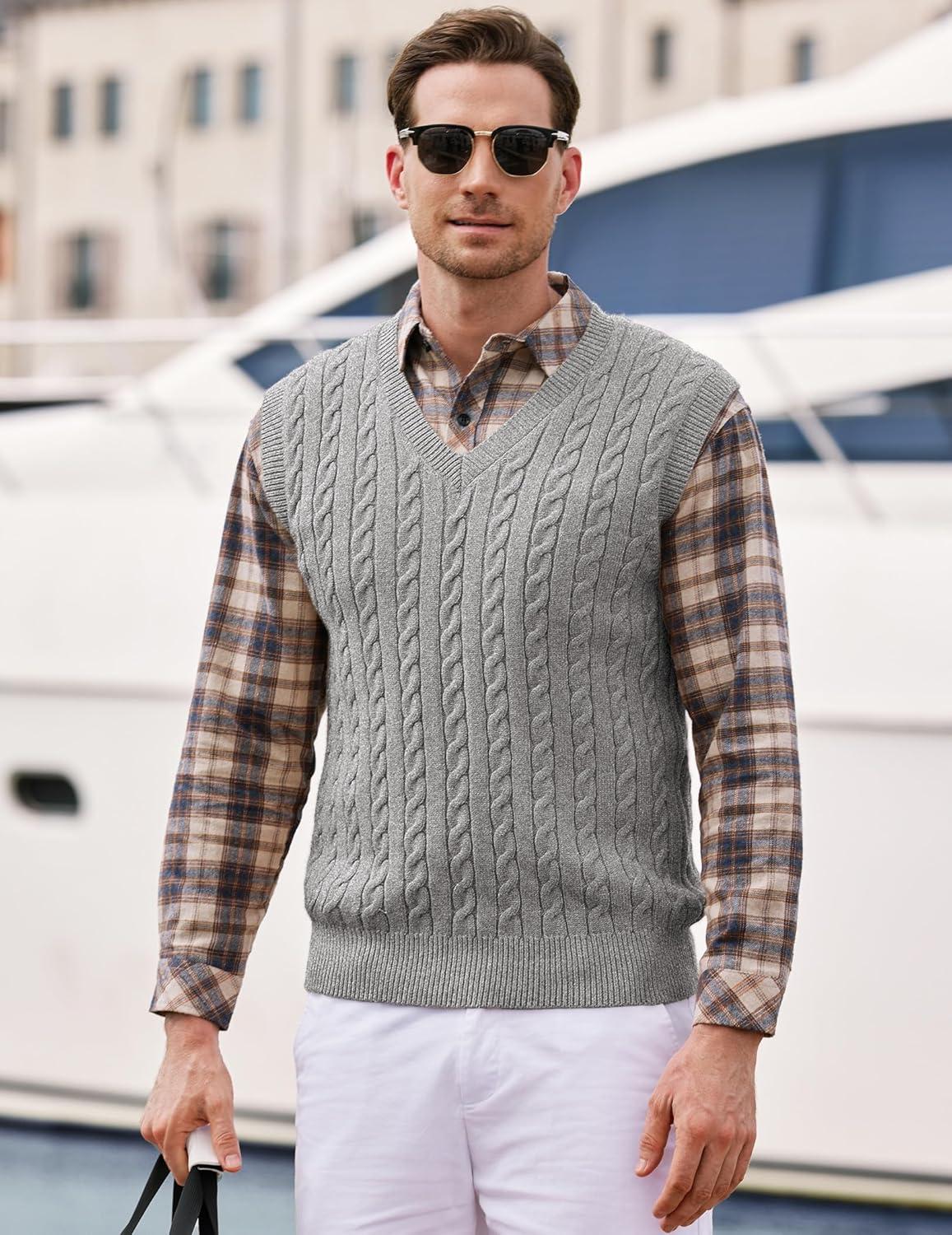 imageJMIERR Mens Sweater Vests Causal Sleeveless Cable Striped Knit V Neck PulloverGray