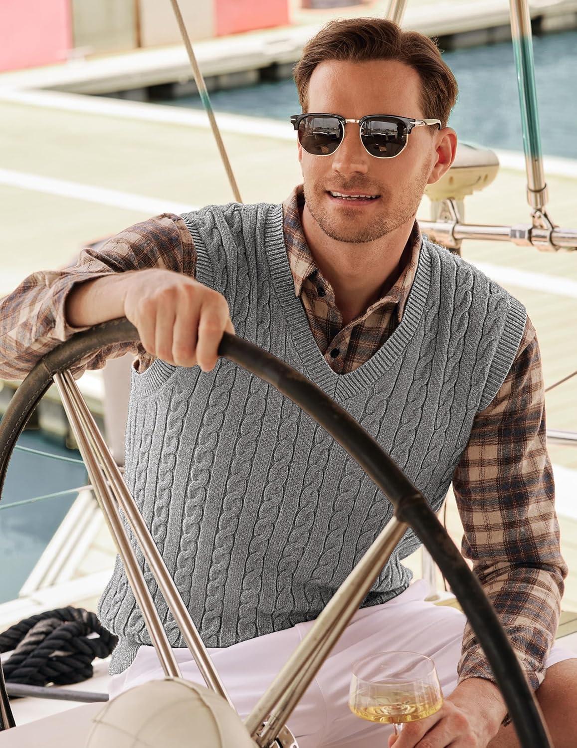 imageJMIERR Mens Sweater Vests Causal Sleeveless Cable Striped Knit V Neck PulloverGray