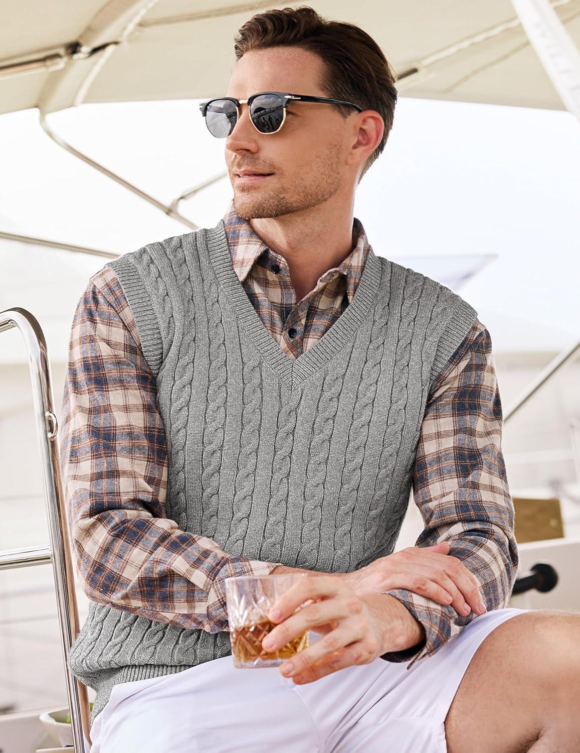 imageJMIERR Mens Sweater Vests Causal Sleeveless Cable Striped Knit V Neck PulloverGray