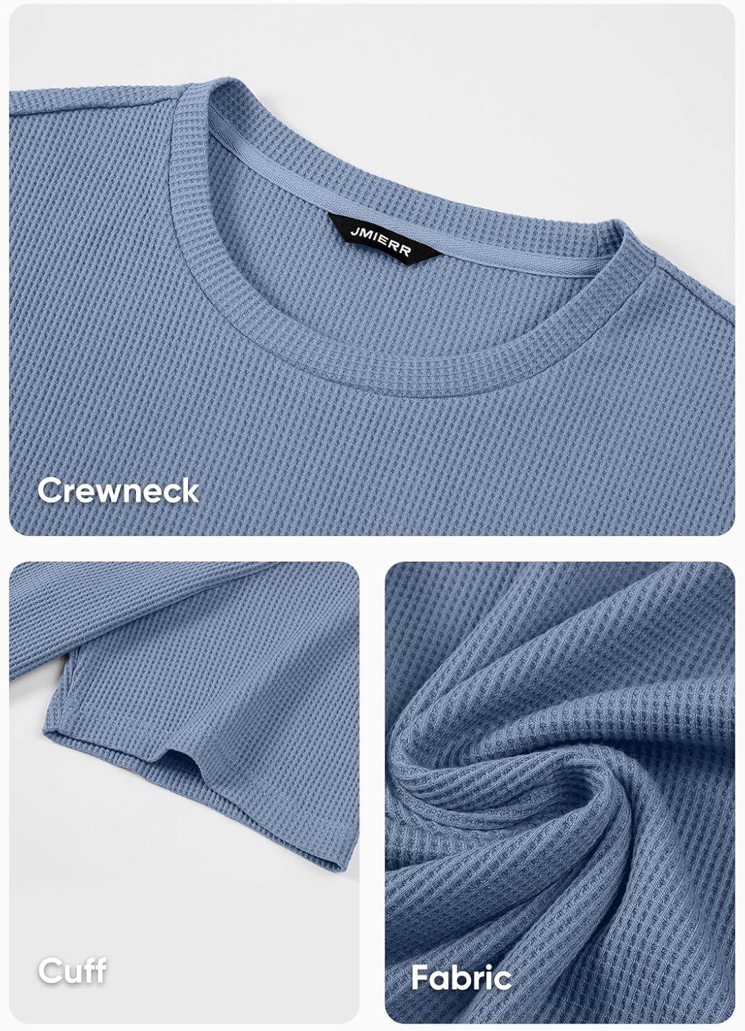 imageJMIERR Mens T Shirt Casual Solid Color Crewneck Stretch Short Sleeve Waffle Knit TeesBlue