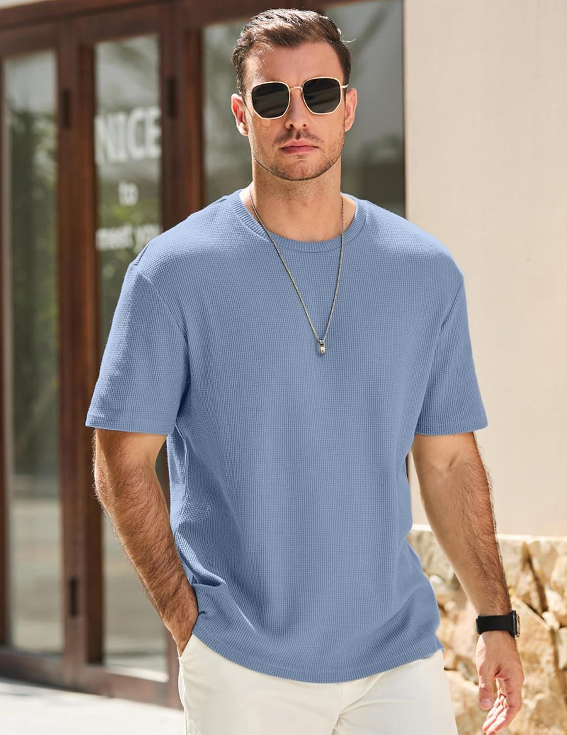 imageJMIERR Mens T Shirt Casual Solid Color Crewneck Stretch Short Sleeve Waffle Knit TeesBlue