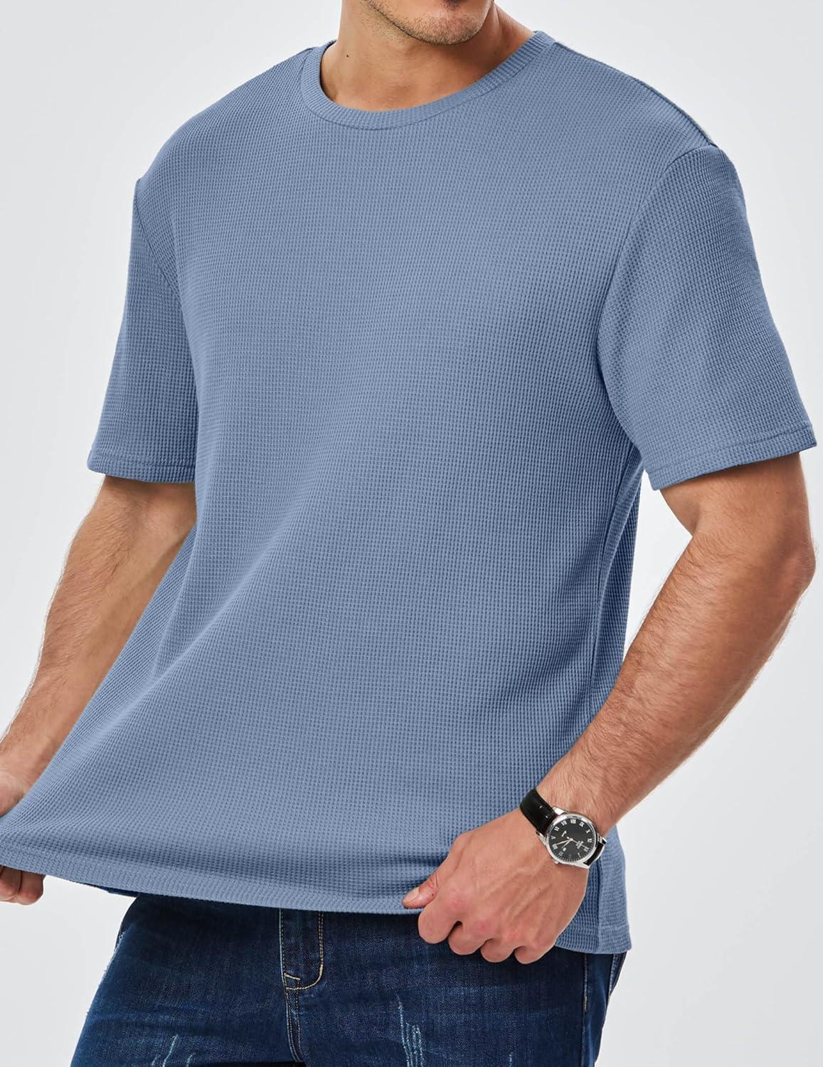 imageJMIERR Mens T Shirt Casual Solid Color Crewneck Stretch Short Sleeve Waffle Knit TeesBlue