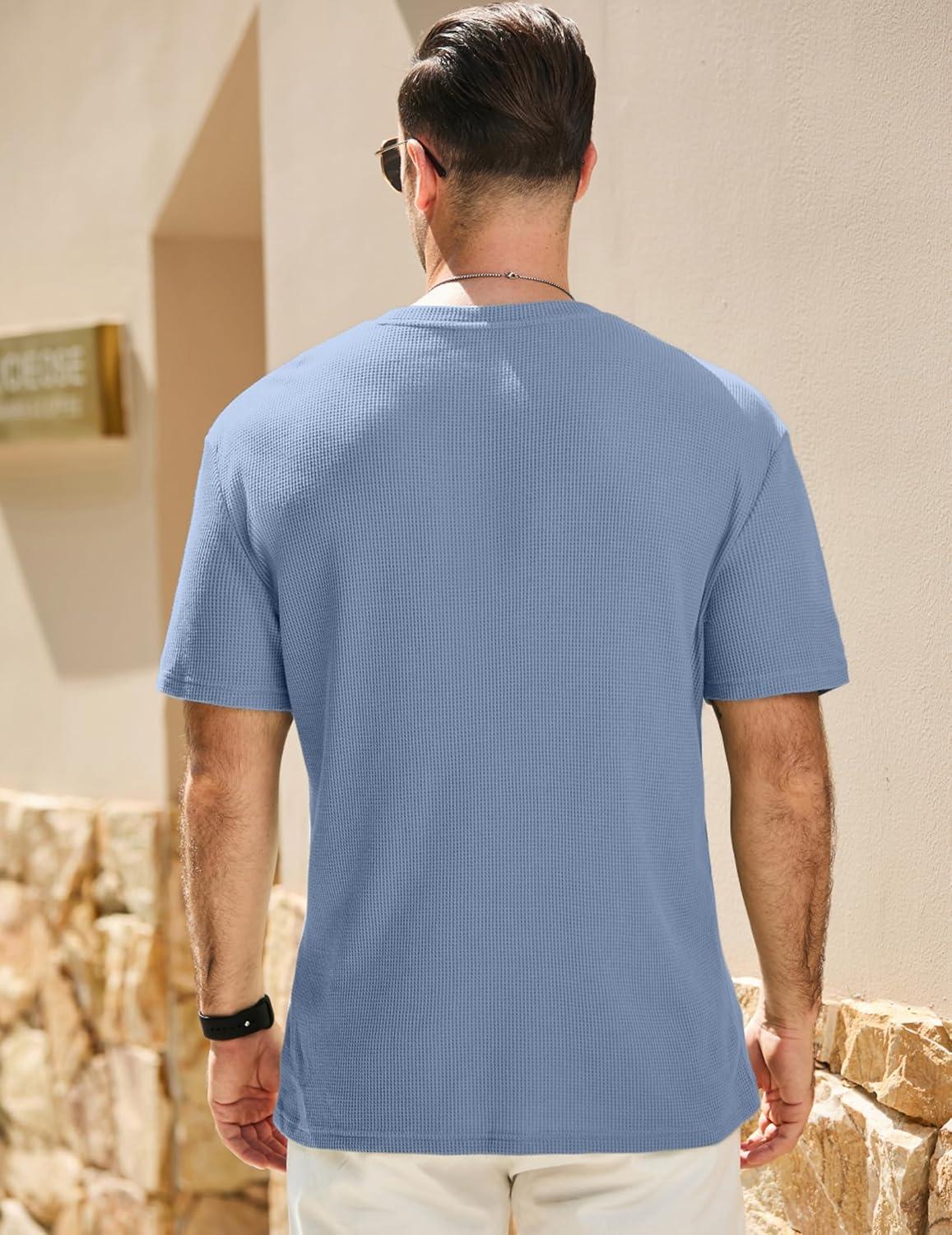 imageJMIERR Mens T Shirt Casual Solid Color Crewneck Stretch Short Sleeve Waffle Knit TeesBlue