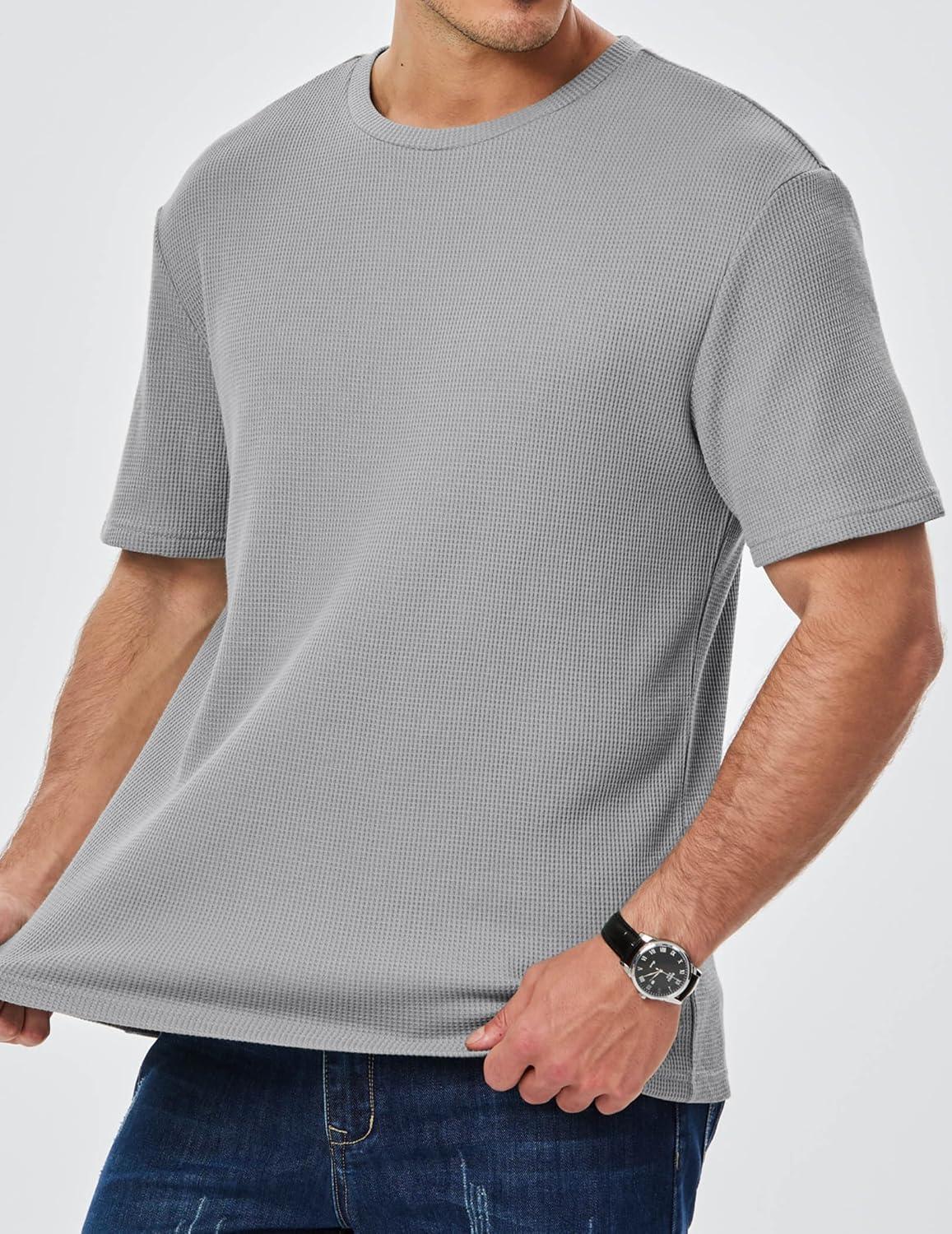 imageJMIERR Mens T Shirt Casual Solid Color Crewneck Stretch Short Sleeve Waffle Knit TeesGrey