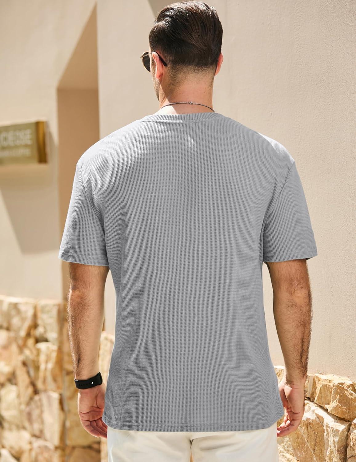 imageJMIERR Mens T Shirt Casual Solid Color Crewneck Stretch Short Sleeve Waffle Knit TeesGrey