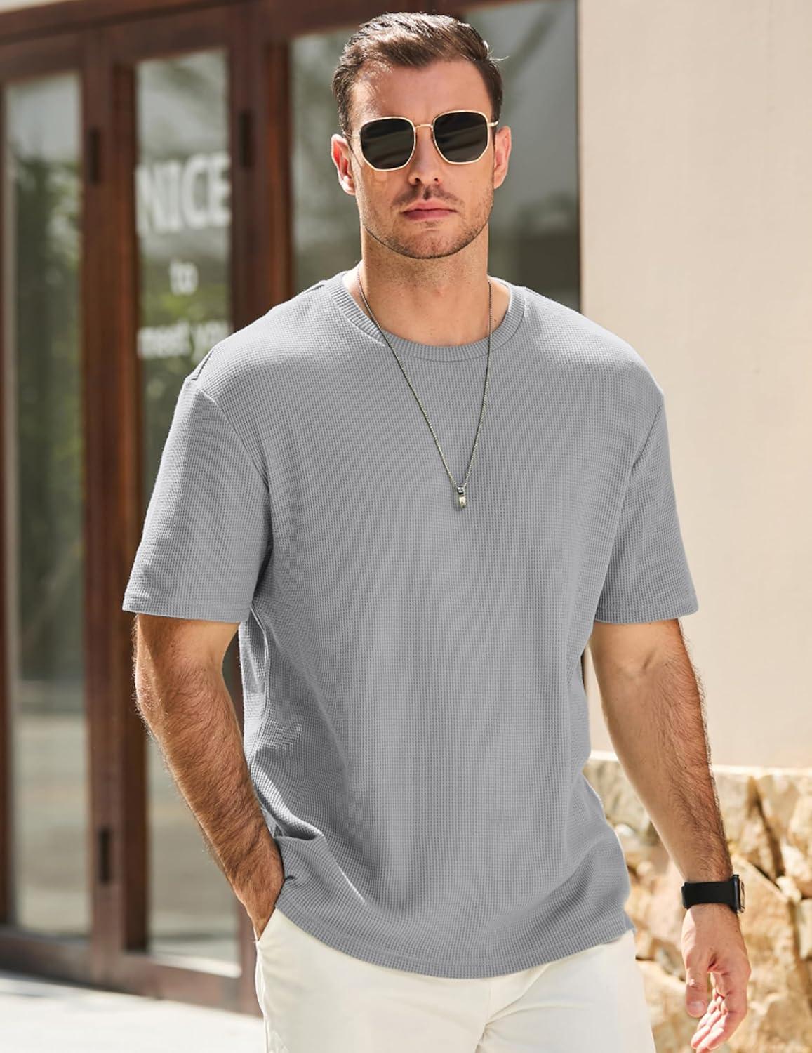 imageJMIERR Mens T Shirt Casual Solid Color Crewneck Stretch Short Sleeve Waffle Knit TeesGrey