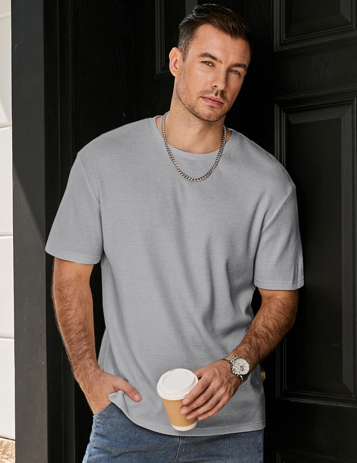 imageJMIERR Mens T Shirt Casual Solid Color Crewneck Stretch Short Sleeve Waffle Knit TeesGrey