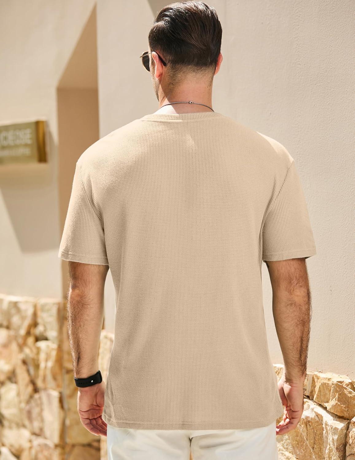 imageJMIERR Mens T Shirt Casual Solid Color Crewneck Stretch Short Sleeve Waffle Knit TeesParchment