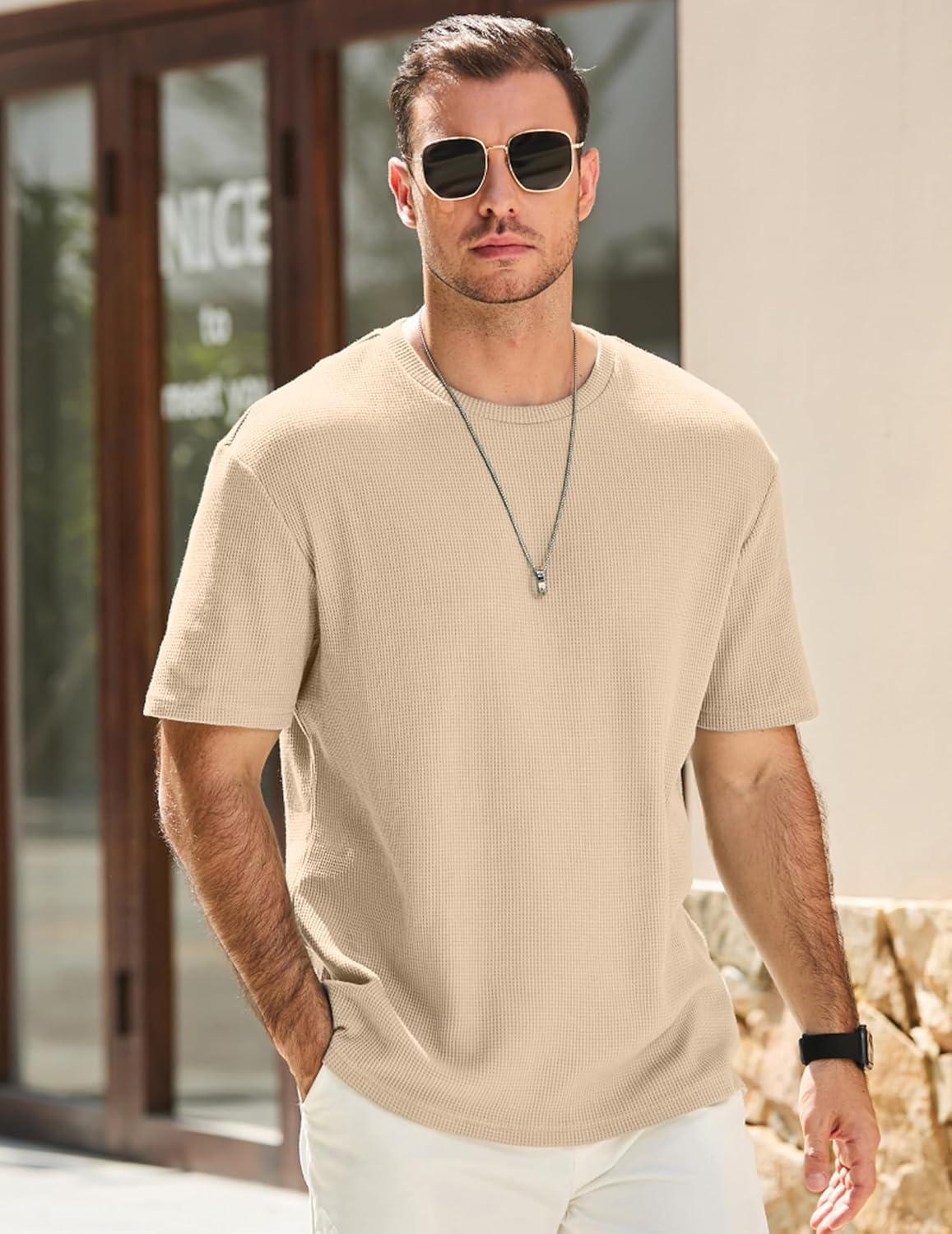 imageJMIERR Mens T Shirt Casual Solid Color Crewneck Stretch Short Sleeve Waffle Knit TeesParchment