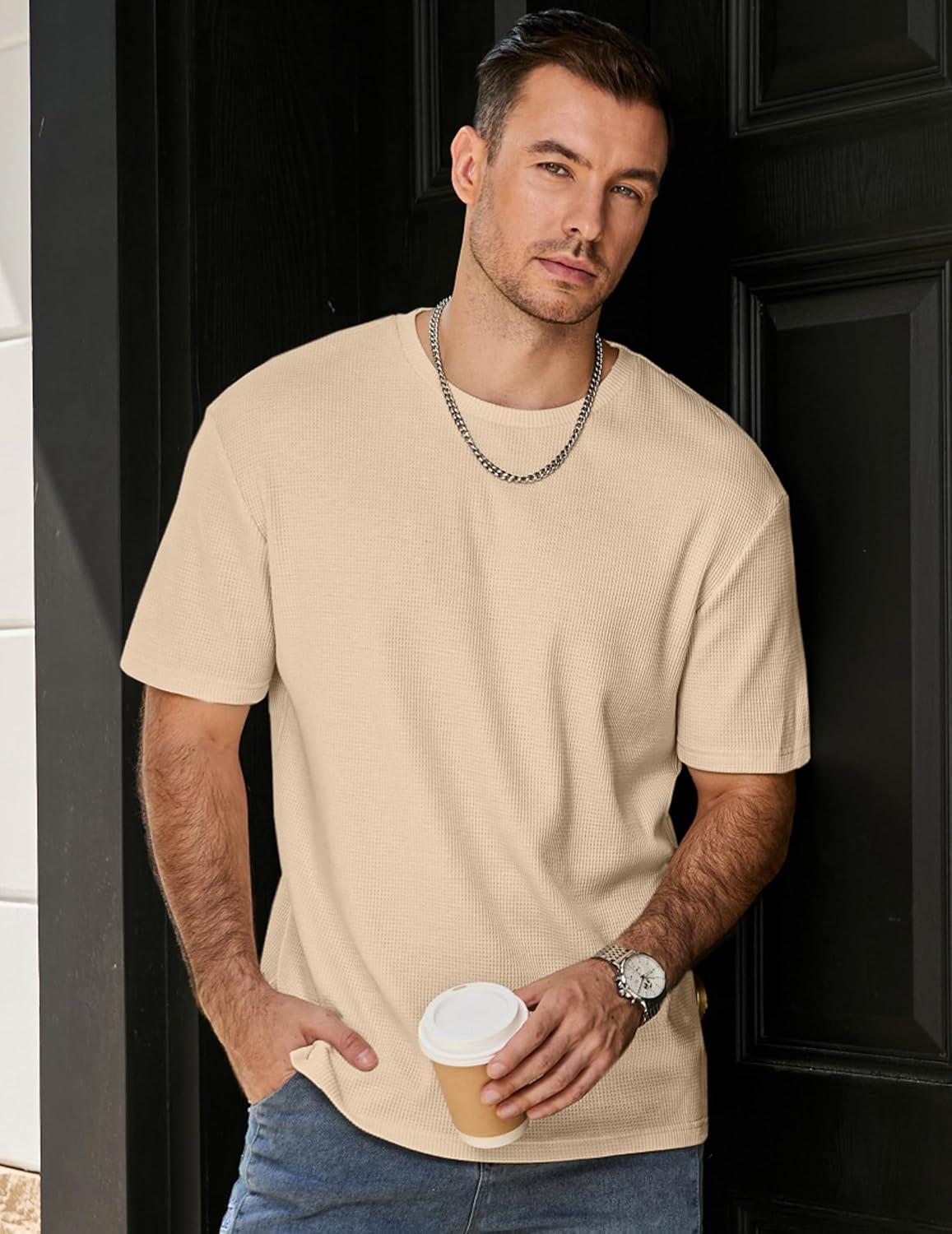 imageJMIERR Mens T Shirt Casual Solid Color Crewneck Stretch Short Sleeve Waffle Knit TeesParchment