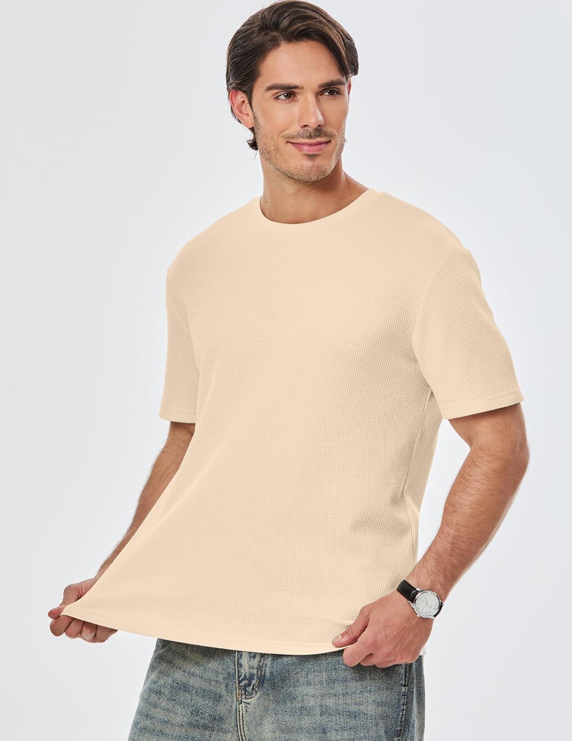 imageJMIERR Mens T Shirt Casual Solid Color Crewneck Stretch Short Sleeve Waffle Knit TeesParchment