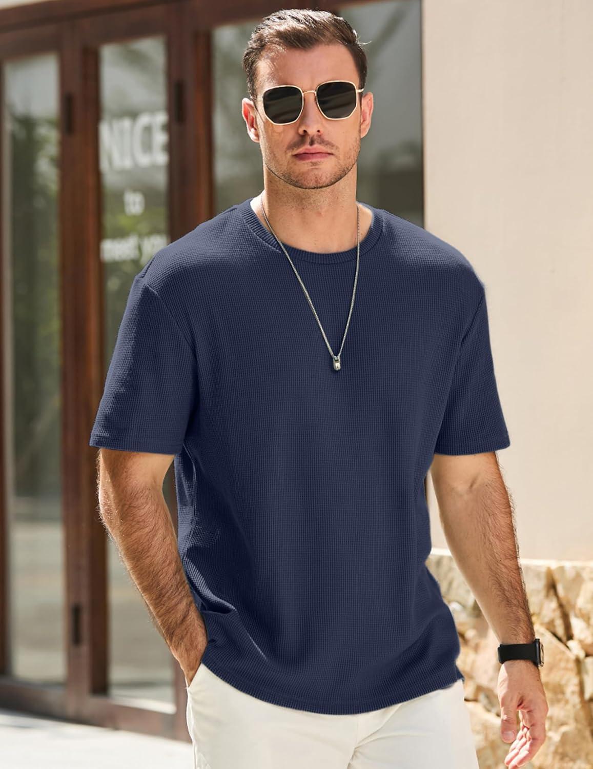 imageJMIERR Mens T Shirt Casual Solid Color Crewneck Stretch Short Sleeve Waffle Knit TeesSail Blue