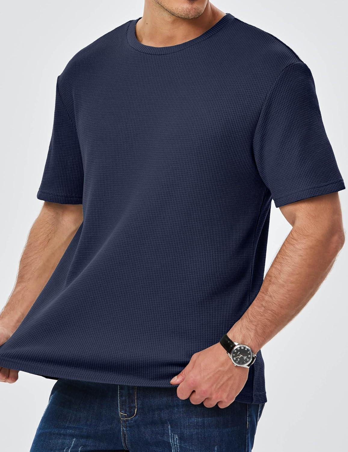 imageJMIERR Mens T Shirt Casual Solid Color Crewneck Stretch Short Sleeve Waffle Knit TeesSail Blue