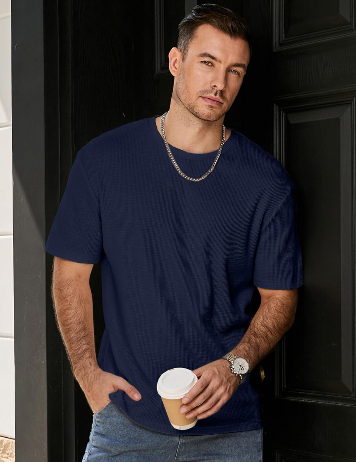 imageJMIERR Mens T Shirt Casual Solid Color Crewneck Stretch Short Sleeve Waffle Knit TeesSail Blue