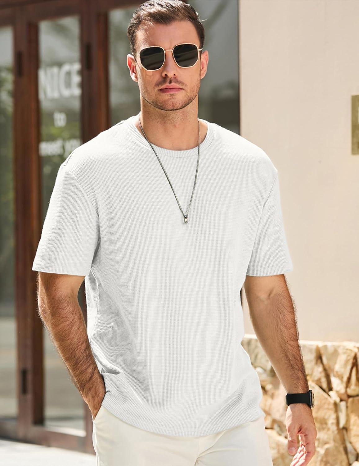 imageJMIERR Mens T Shirt Casual Solid Color Crewneck Stretch Short Sleeve Waffle Knit TeesWhite