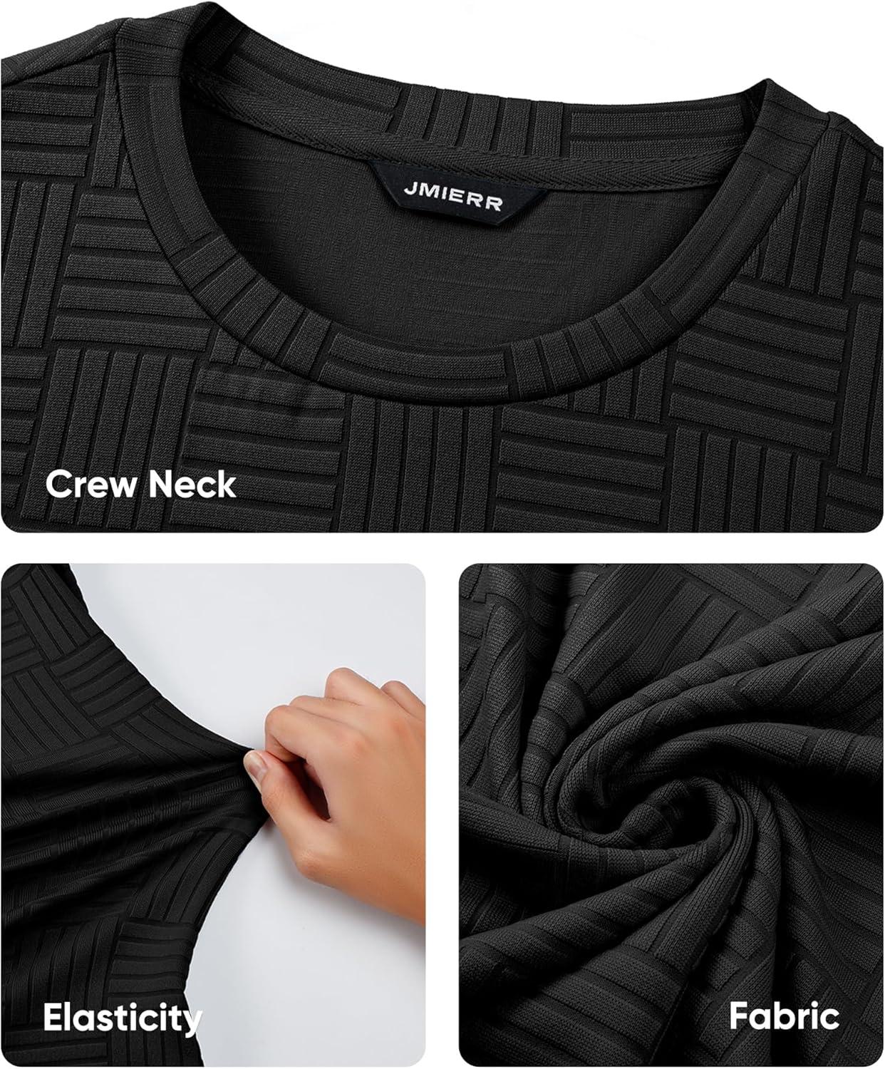 imageJMIERR Mens TShirt Casual Stretch Solid Crewneck Short Sleeve Tees Textured ShirtsLong Sleeve Black