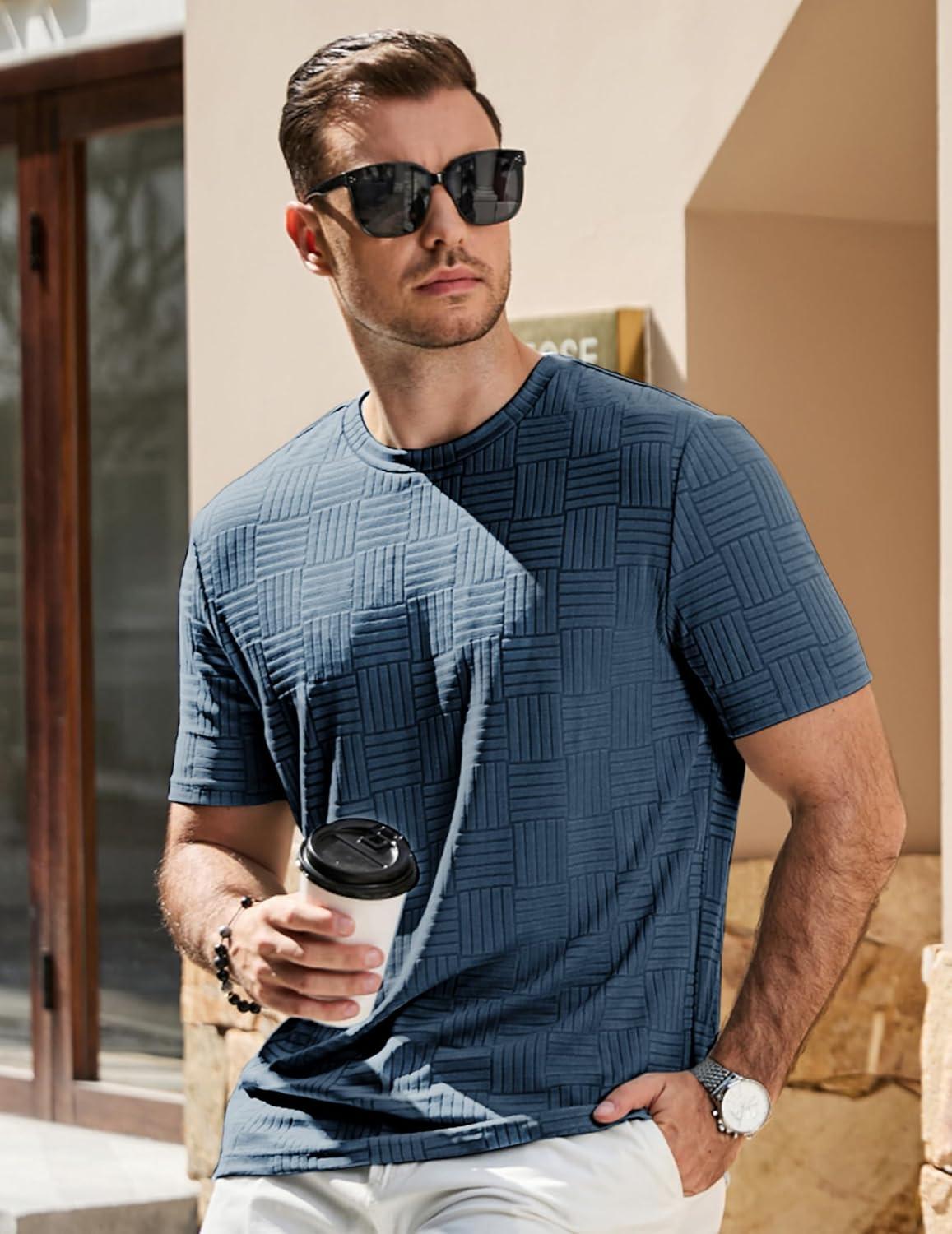 imageJMIERR Mens TShirt Casual Stretch Solid Crewneck Short Sleeve Tees Textured ShirtsReal Teal