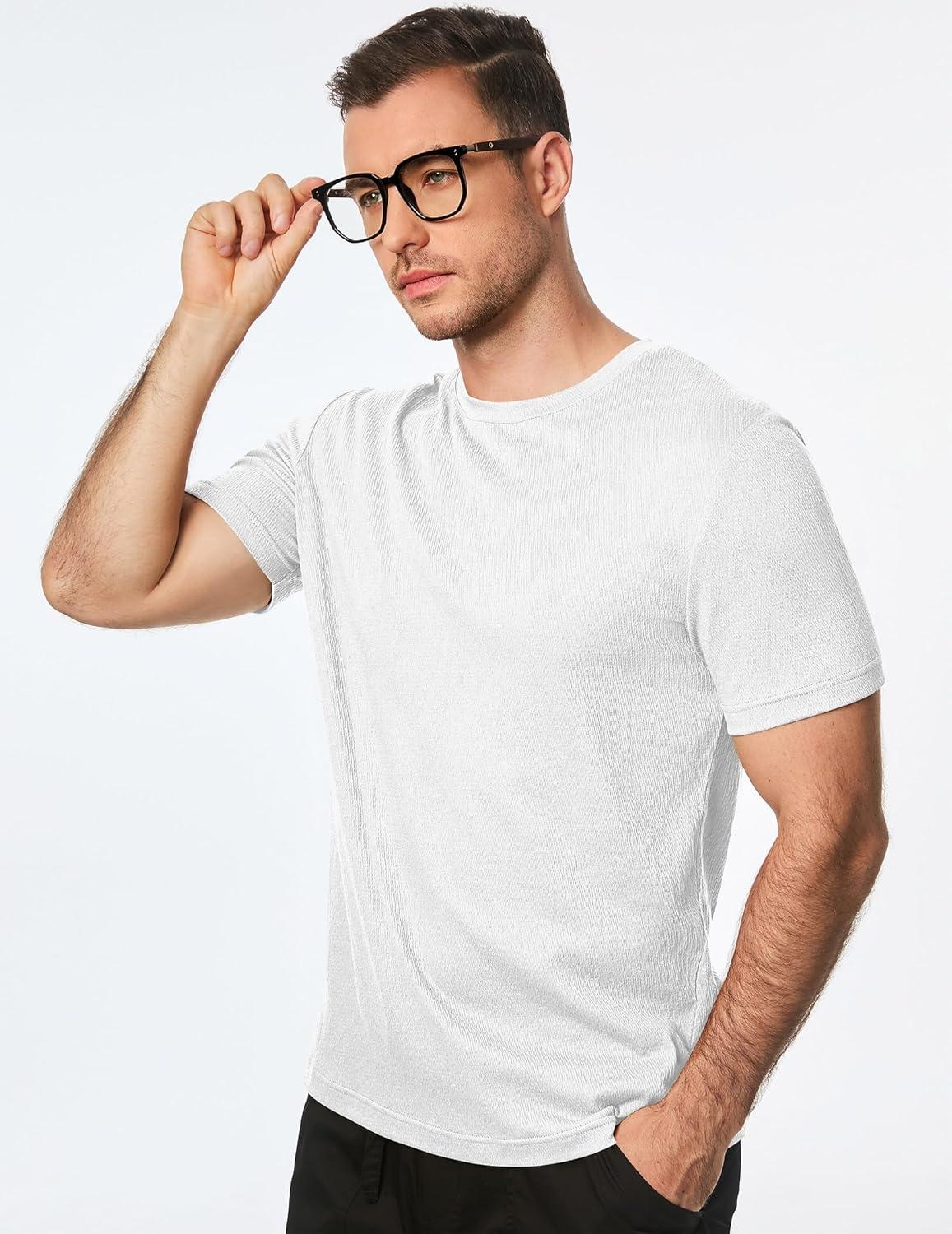 imageJMIERR Mens TShirt Short Sleeve Muscle Textured Knit Crewneck Slim T Shirt Gym Workout Athletic Tee Shirts0 White