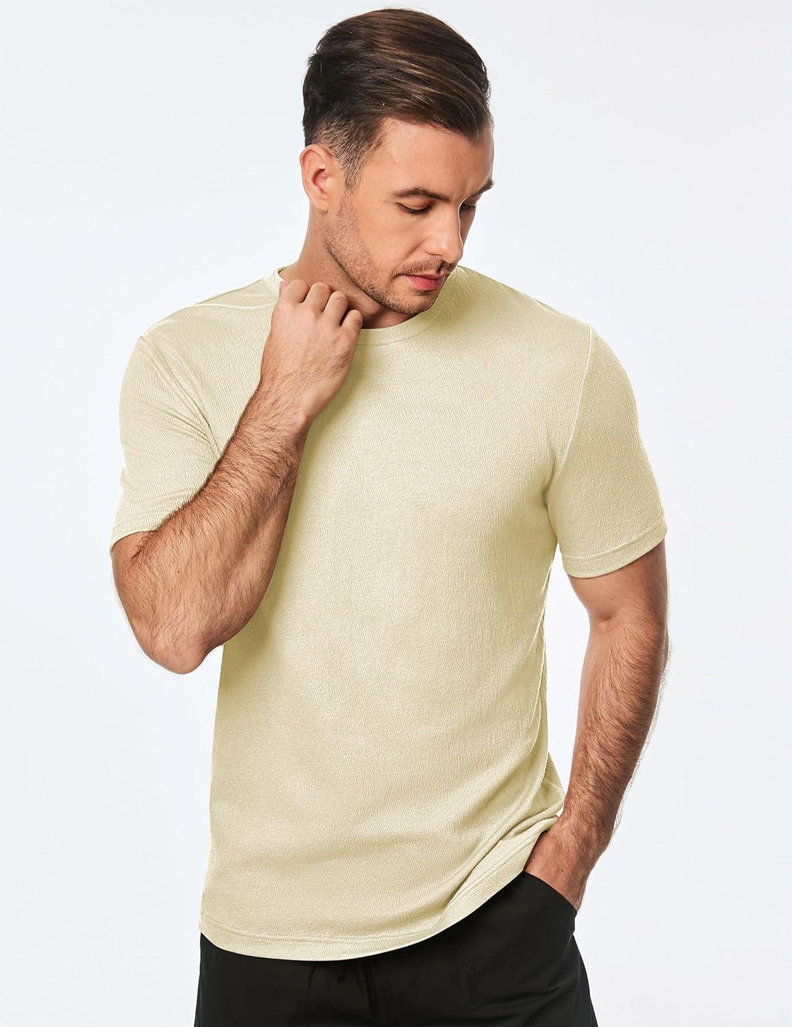 imageJMIERR Mens TShirt Short Sleeve Muscle Textured Knit Crewneck Slim T Shirt Gym Workout Athletic Tee ShirtsA Apricot