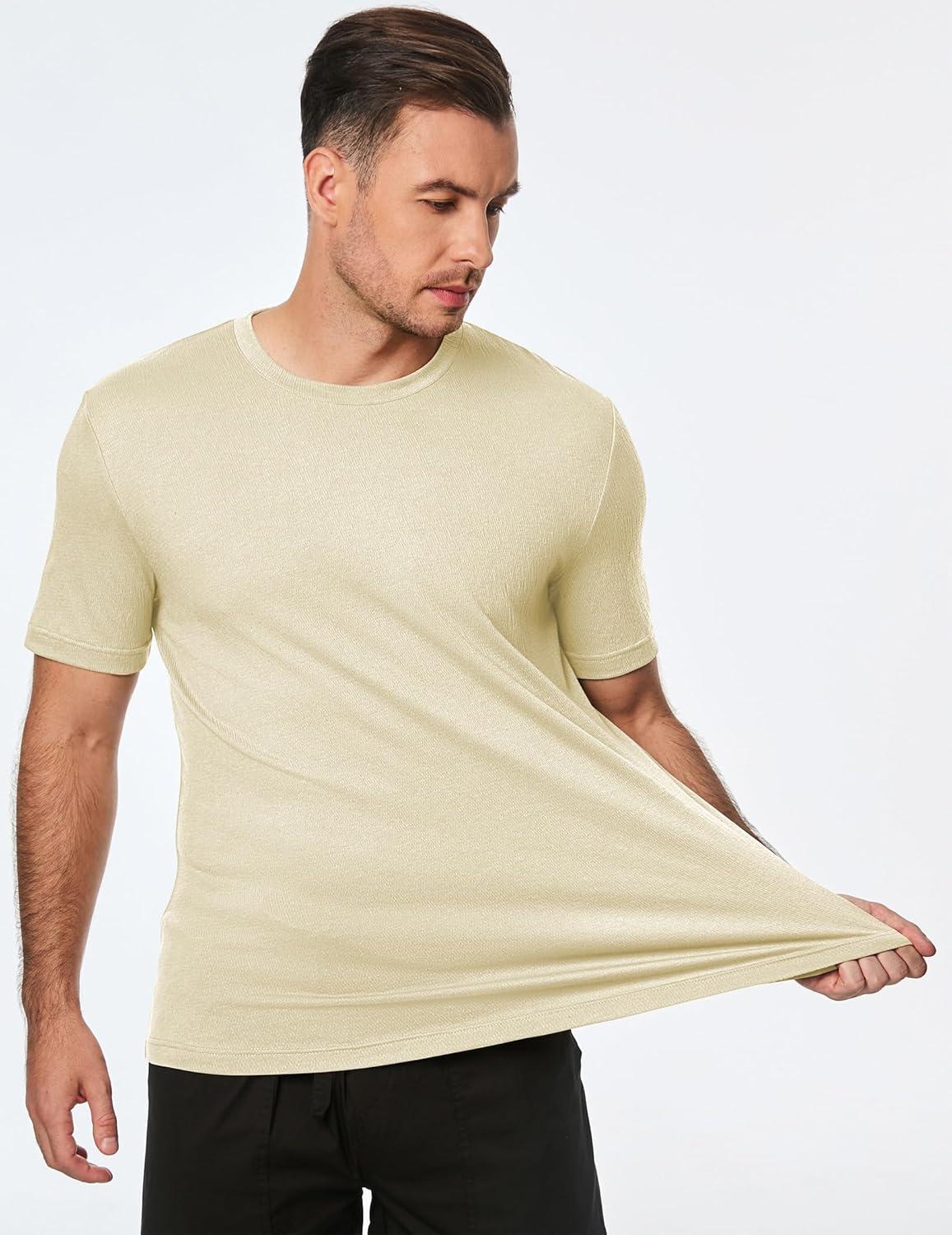 imageJMIERR Mens TShirt Short Sleeve Muscle Textured Knit Crewneck Slim T Shirt Gym Workout Athletic Tee ShirtsA Apricot