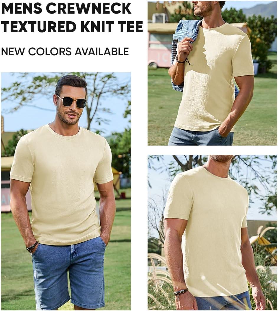 imageJMIERR Mens TShirt Short Sleeve Muscle Textured Knit Crewneck Slim T Shirt Gym Workout Athletic Tee ShirtsA Apricot