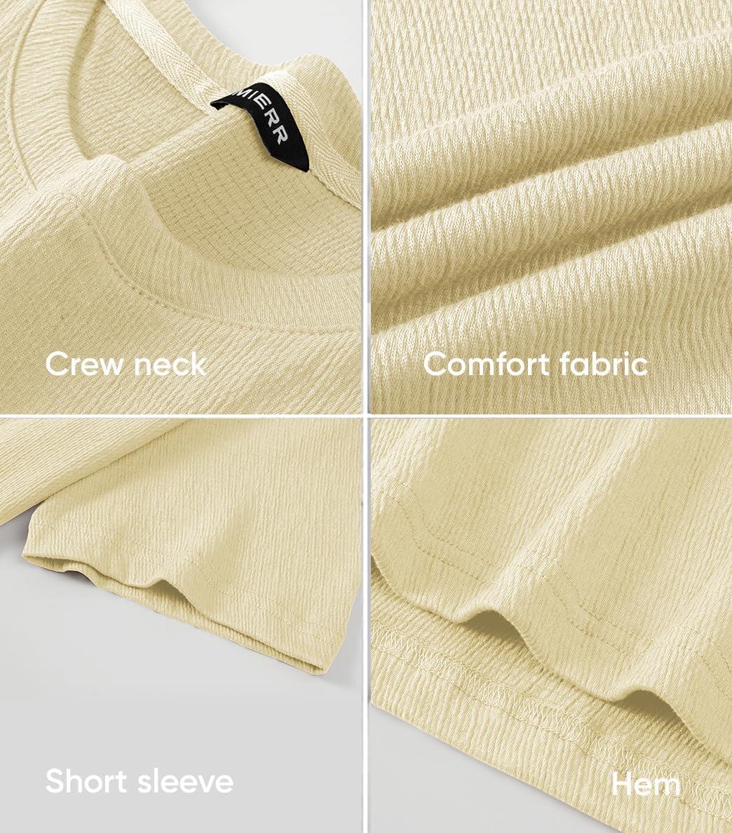 imageJMIERR Mens TShirt Short Sleeve Muscle Textured Knit Crewneck Slim T Shirt Gym Workout Athletic Tee ShirtsA Apricot