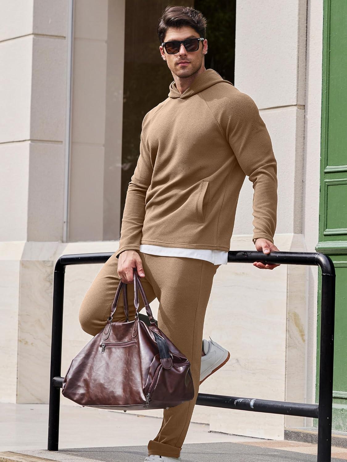 imageJMIERR Mens Textured Track Suits 2 Piece Set with Hoodie Sweatshirt and Sweatpants 2025 Casual Sweatsuit Set Airport OutfitsA Camel