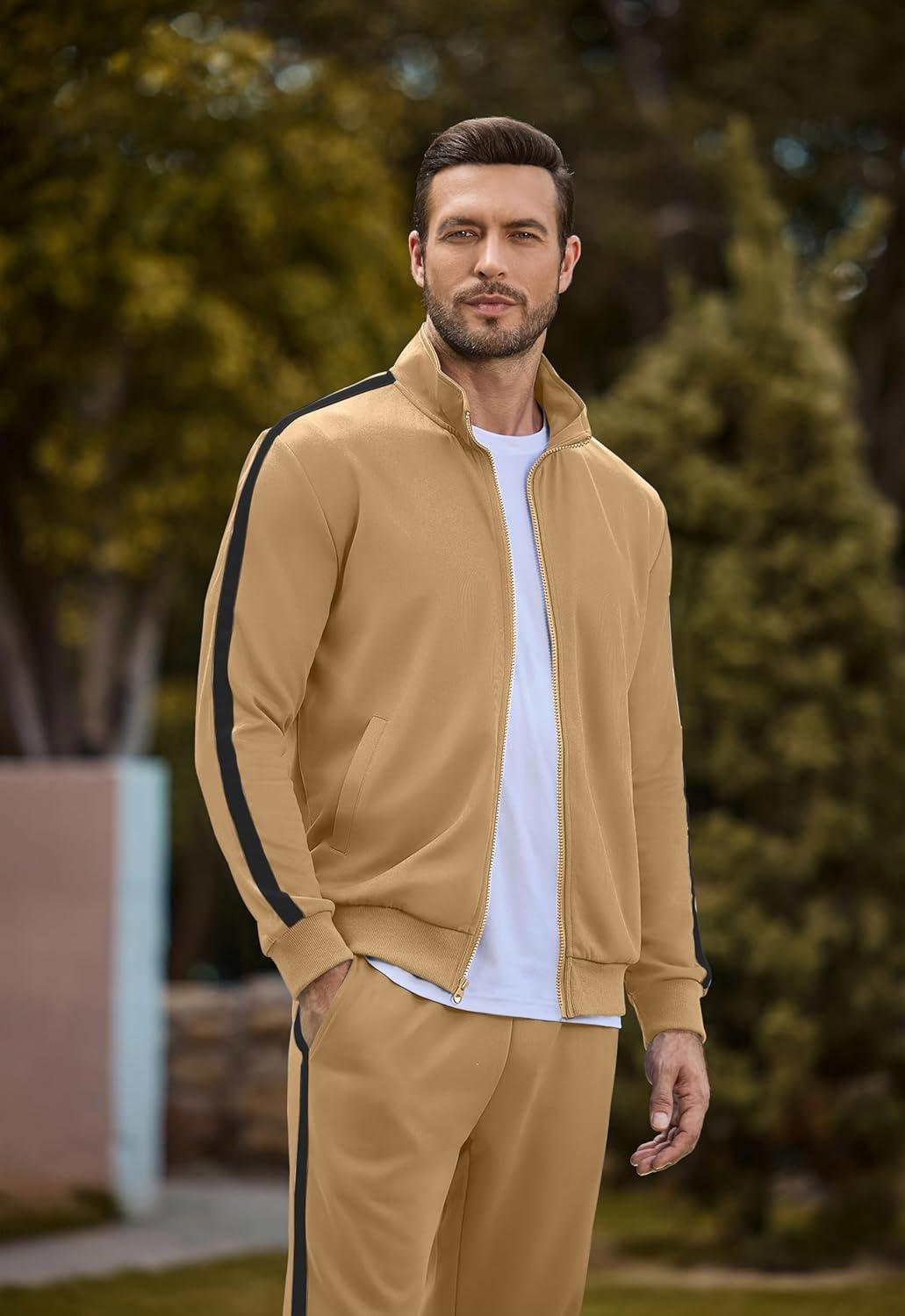 imageJMIERR Mens Track Suits 2 Piece Full Zip Sports Outfits Set Sweatshirt and Joggers SweatpantsCamel