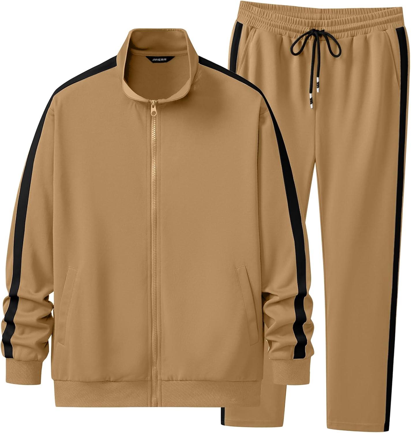 imageJMIERR Mens Track Suits 2 Piece Full Zip Sports Outfits Set Sweatshirt and Joggers SweatpantsCamel