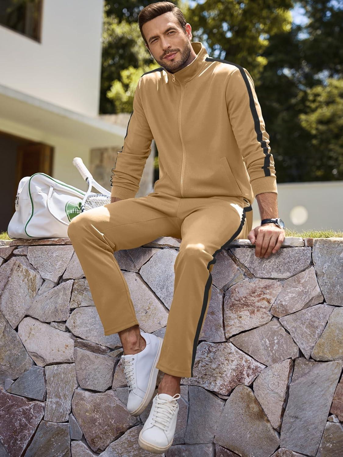 imageJMIERR Mens Track Suits 2 Piece Full Zip Sports Outfits Set Sweatshirt and Joggers SweatpantsCamel