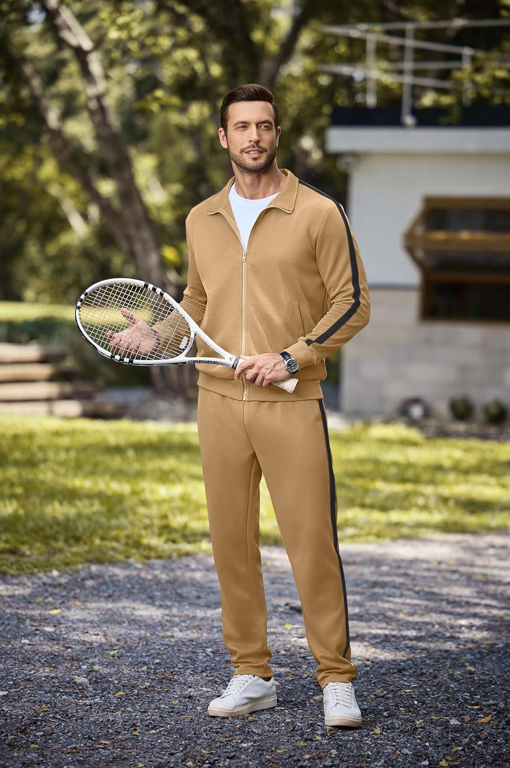 imageJMIERR Mens Track Suits 2 Piece Full Zip Sports Outfits Set Sweatshirt and Joggers SweatpantsCamel