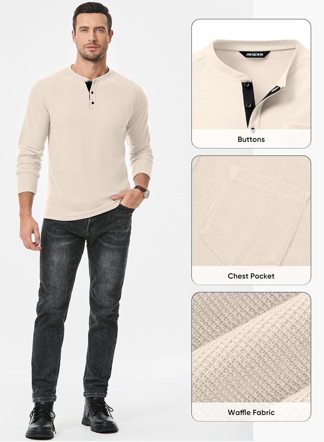 imageJMIERR Mens Waffle Henley Shirts Crewneck Long Sleeve Button Casual TShirt with PocketApricot