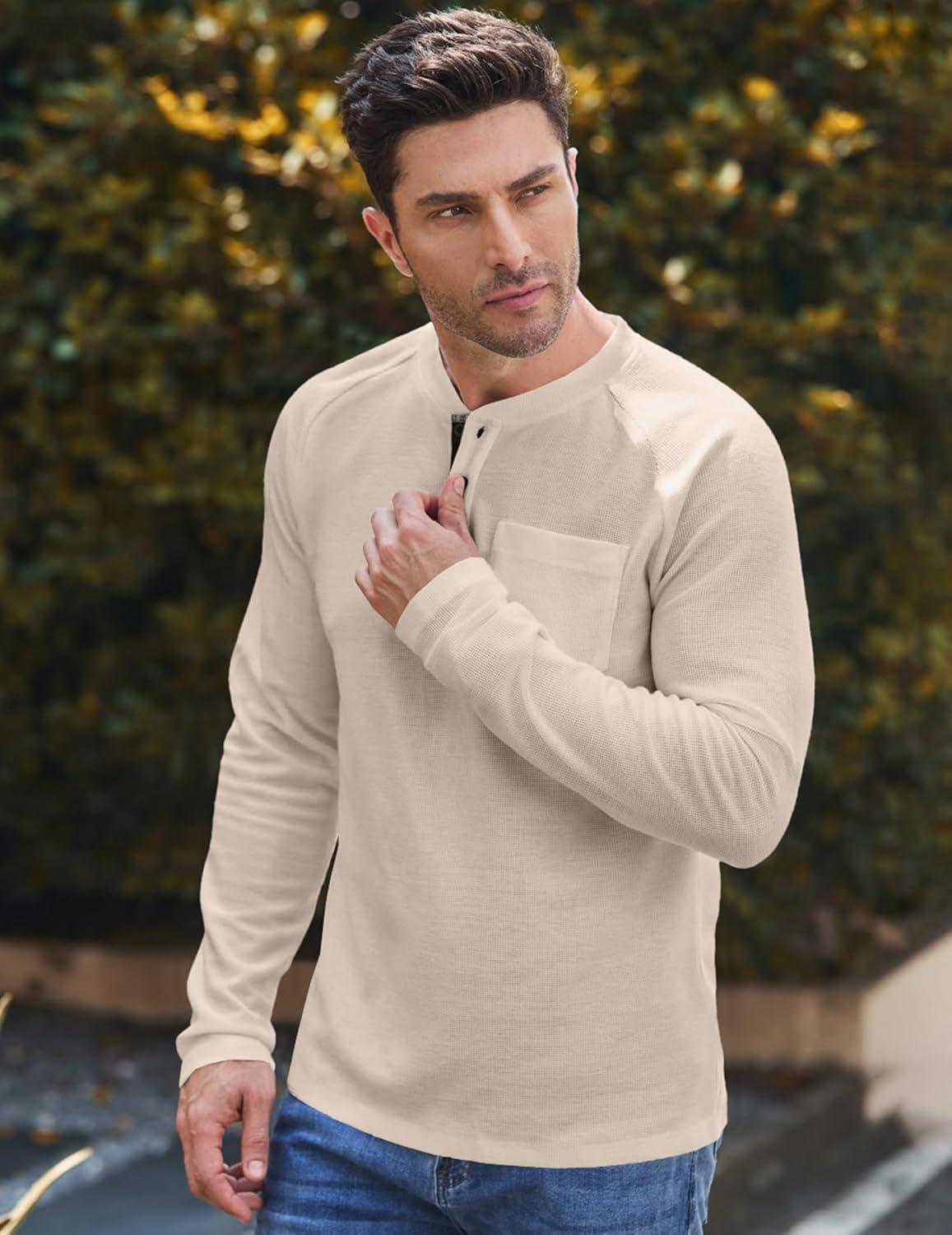 imageJMIERR Mens Waffle Henley Shirts Crewneck Long Sleeve Button Casual TShirt with PocketApricot