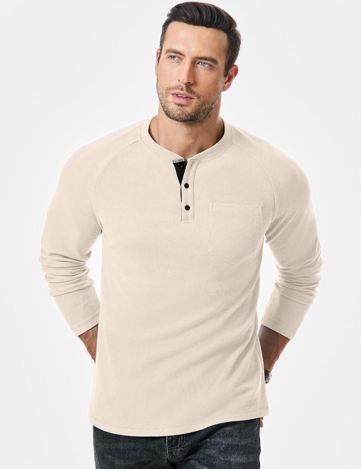 imageJMIERR Mens Waffle Henley Shirts Crewneck Long Sleeve Button Casual TShirt with PocketApricot
