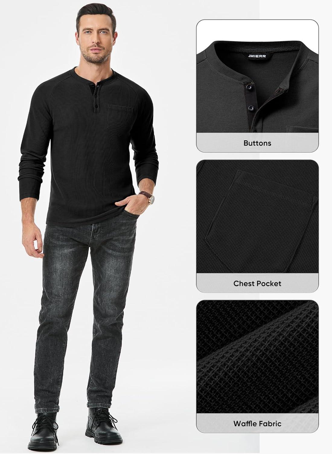 imageJMIERR Mens Waffle Henley Shirts Crewneck Long Sleeve Button Casual TShirt with PocketBlack