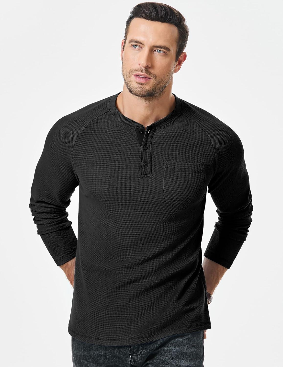 imageJMIERR Mens Waffle Henley Shirts Crewneck Long Sleeve Button Casual TShirt with PocketBlack